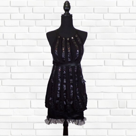 Sue Wong Nocturne Dress sz 4 Black Silk Halter Ribbon Steampunk Goth Whimsigoth - Picture 1 of 10